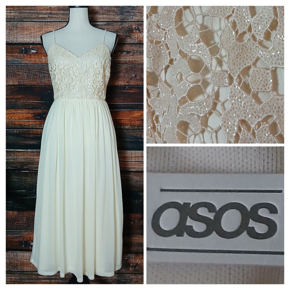 NWT ASOS Midi Dress 8 Cream Lace Gown Adjustable Straps Lined Zip